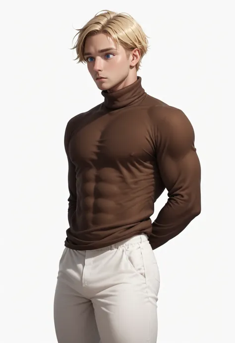 Handsome ((Realistic Male)) ((White background)) White skin ((american man)) ((1 man)) , (solo man) , rathing_questionable , blue eyes , Short hair(blonde hair:1.4)  (Dark brown turtleneck long-sleeved shirt:1.4), (White pants:1.2) 1 girl,  rathing_questio...