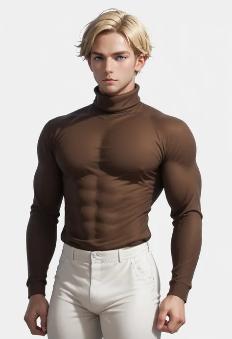 Handsome ((Realistic Male)) ((White background)) White skin ((american man)) ((1 man)) , (solo man) , rathing_questionable , blue eyes , Short hair(blonde hair:1.4)  (Dark brown turtleneck long-sleeved shirt:1.4), (White pants:1.2) 1 girl,  rathing_questio...