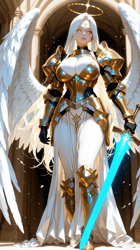A white-haired woman appears in the form of an angel,Golden Eyes，BEST QUALITY、Masterpiece、anime style、BEST QUALITY、high resolution、4k, has huge wings , Dressed in black and gold armor and holding a blue glowing sword, full body photo, Big breasts,Realistic...