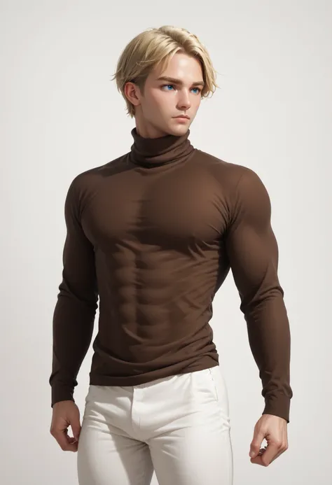 Handsome ((Realistic Male)) ((White background)) White skin ((american man)) ((1 man)) , (solo man) , rathing_questionable , blue eyes , Short hair(blonde hair:1.4)  (Dark brown turtleneck long-sleeved shirt:1.4), (White pants:1.2) 1 girl,  rathing_questio...