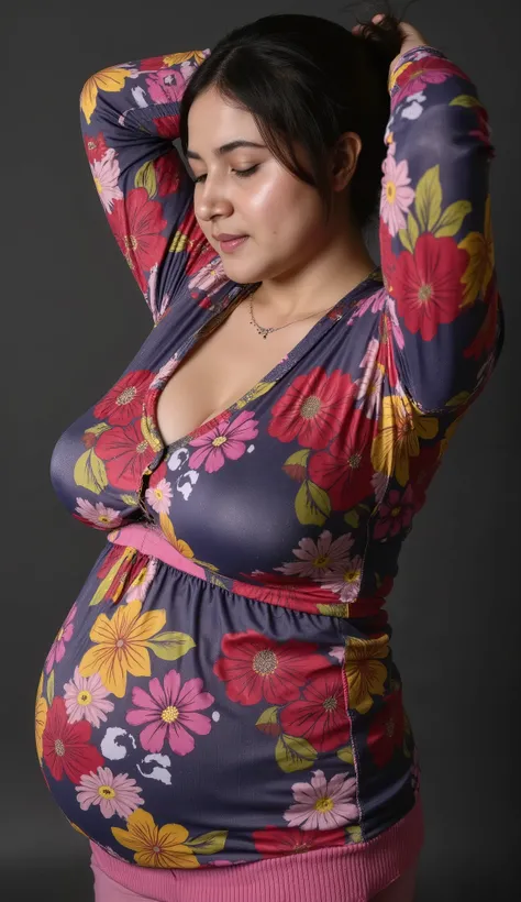 A girl with colorful crafted bold flower patterned large simple instant bergo satin hijab. Pregnant big belly. She is leaning forwardal. She fell asleep soundly while sitting weakly straddeled with her legs spread very wide. Close-up of sexy body, very det...