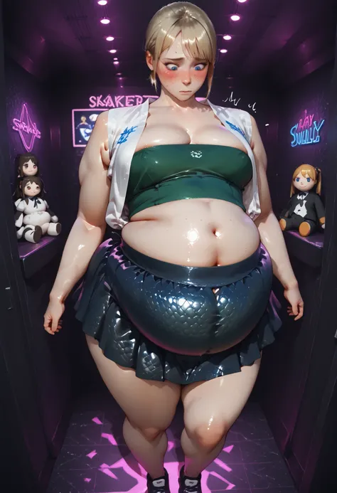 masterpiece, best quality, ,belly focus, realistic belly fat, blonde short hair, blue eyes, green tube top with miniskirt, nervous, looking at belly, looking down at own chest, nervous, blush, nightclub background, snakeskin skirt,  ((fat neck)), nip slip,...