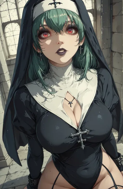Wide Angle View , Solo, Gothic Girl, (Gothic Nun Clothes:1.3), Green Hair with Purple Highlights, ((busty)), red Eyes, Glittery Eyeshadow, Dark Lipstick, ((eye focus, breast focus, body focus, crotch focus, detail focus)), Gothic Attire, Fishnets, Combat B...