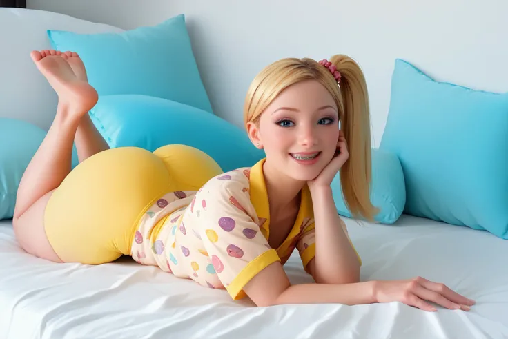 3D pixar style. Pixar eyes. Tall, big, beautiful 20 year old shyla stylez: laying prone on bed, flat on her stomach, pelvis flat, head resting on bed below her; pink comfy unmade bed.She has an orgasm expression. She wears bright pastel-yellow tight fittin...