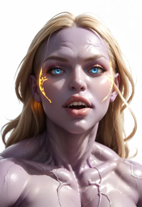 Realistic ((White background)) ((Russian girl))  ((Purple skinned alien girl)) , face (Deep Purple skin:0.8)  long blonde hair, blue eye, Sharp face,   1 girl, rathing_explicit , sexy ,score_9, score_8_up, score_7_up,  seductive, very long leg ((big breast...