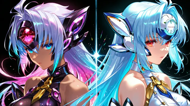 2girls, xenosage, T-elos、Kos-mos, Black background,colorful, lively, Shining Contours ,neon,colorful、Official Art、,viewer, masterpiece, Very Aesthetic、battle pose、Light powder、neon Hair、Swinging Hair、chest swaying up and down