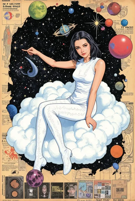 A surreal anime-style collage of a beautiful woman SITTING ON CLOUD THAT FLOTING in outer space, wearing 70s retro-futuristic fashion, surrounded by torn vintage magazine pages, celestial maps, and analog space gear. The background is a dreamlike galaxy fi...