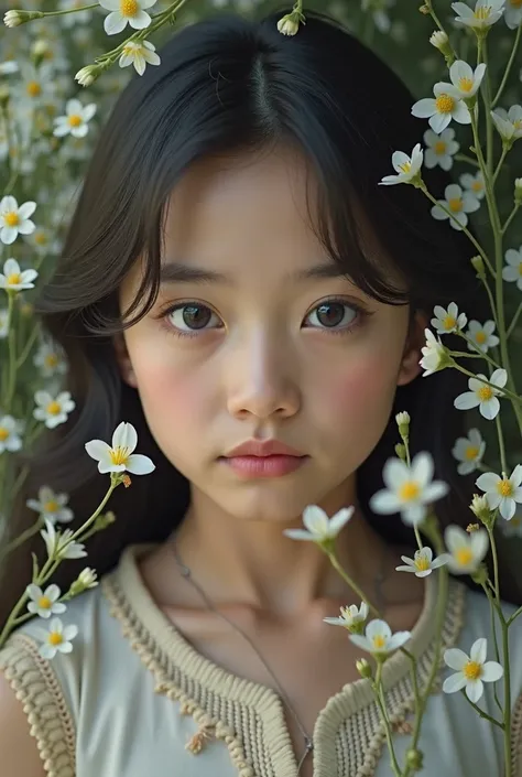 Make me a photo where  a tajik  girl  with black big eyes  and  nice hairs   and  bit  circle face  smell  white  slim flowers her  age 25