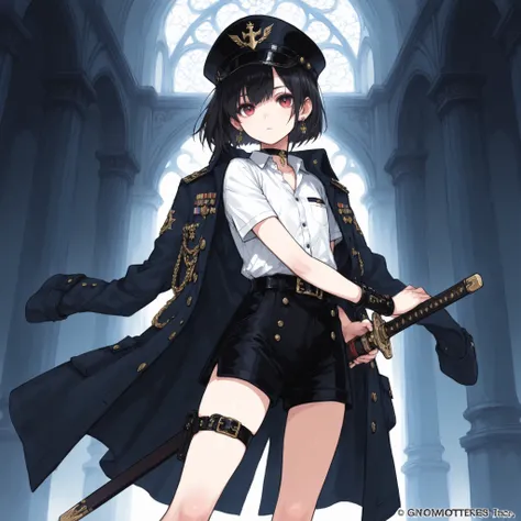 ((Best Quality)), ((masterpieces)), (detailed), Perfect Face, SOLO, ((femboy)), tomgirl, ANIME, beautiful detailed eyes, BOB hair, BOBed hair, black hair, RED EYES, BARE thighs, (((BARE LEG))), ((BLACK short pants)), (((dress shirt))), ((Flat chest)), Chok...