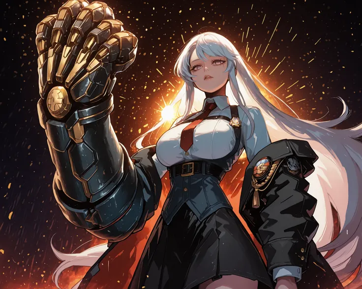 A young female character in her body s, with the same height and body type as Enterprise from Azur Lane. She has long white hair with a red ribbon on one side of her head, como Enterprise de Azur Lane, and the exact facial features of Enterprise from the s...