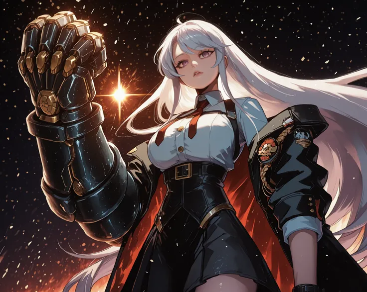 A young female character in her body s, with the same height and body type as Enterprise from Azur Lane. She has long white hair with a red ribbon on one side of her head, como Enterprise de Azur Lane, and the exact facial features of Enterprise from the s...