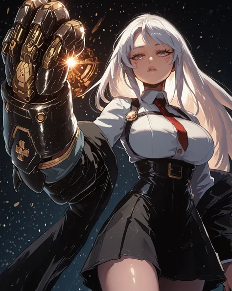 A young female character in her body s, with the same height and body type as Enterprise from Azur Lane. She has long white hair with a red ribbon on one side of her head, como Enterprise de Azur Lane, and the exact facial features of Enterprise from the s...