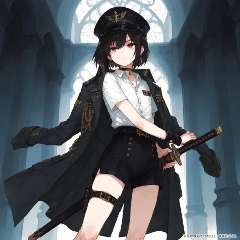 ((Best Quality)), ((masterpieces)), (detailed), Perfect Face, SOLO, ((femboy)), tomgirl, ANIME, beautiful detailed eyes, BOB hair, BOBed hair, black hair, RED EYES, BARE thighs, (((BARE LEG))), ((BLACK short pants)), (((dress shirt))), ((Flat chest)), Chok...