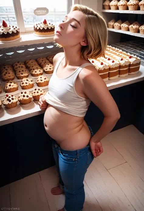 masterpiece, best quality, ,belly focus, blonde short hair, blue eyes, (wearing a tank top that rides up around her taut round belly), (high belly, round belly at top)  (head looking up, eyes closed mouth open, tounge out), (shirt tug) (trying to cover her...