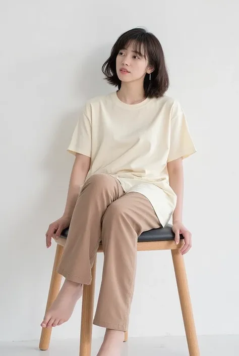 (UHD, masterpiece, best quality, 8k)、Japanese woman、(from above:1.5)、Sit on the big sofa in the living room and laugh、brown shortcut hair、 sleeveless Ｔshirt、ワイドパンツ、Barefoot、