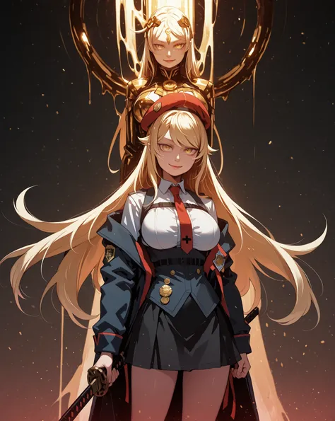  A young female character , with the same height and body type as Shinobu Oshino from Oshino Monogatari, has long blonde hair with a red ribbon on one side of her head, da personagem, just like Shinobu Oshino from the series Monogatari, and the same facial...