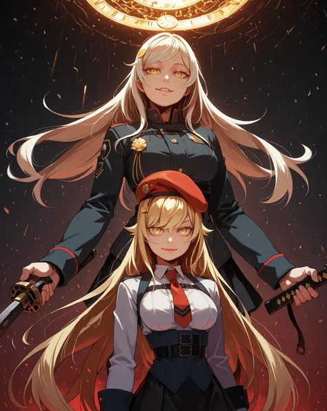  A young female character , with the same height and body type as Shinobu Oshino from Oshino Monogatari, has long blonde hair with a red ribbon on one side of her head, da personagem, just like Shinobu Oshino from the series Monogatari, and the same facial...