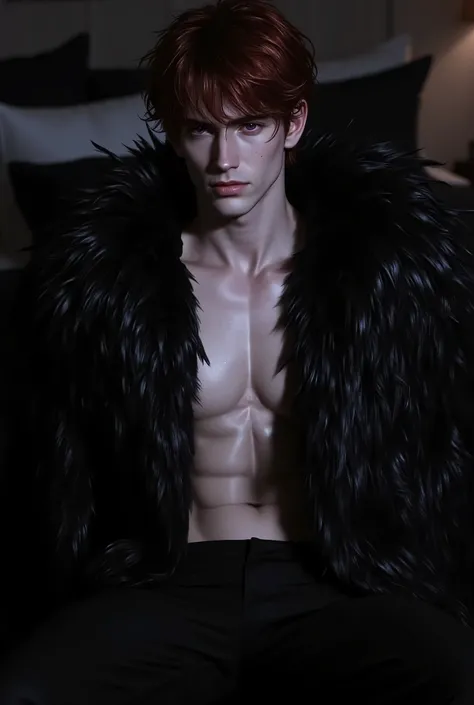 Single shot, masterpiece, sharp image resolution, perfect picture. A charming, handsome man with messy crimson-red hair, the color of a black swan's beak, and mysterious glowing purple eyes. He is sitting on a black bed in a dimly lit bedroom. The atmosphe...