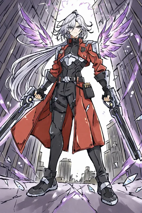 a stylish silver-haired male gunman with a futuristic noir vibe, wearing a sleek black leather outfit with silver armor plating and a long red coat fluttering behind him, dual-wielding revolvers mid-air, urban cityscape background exploding with energy and...