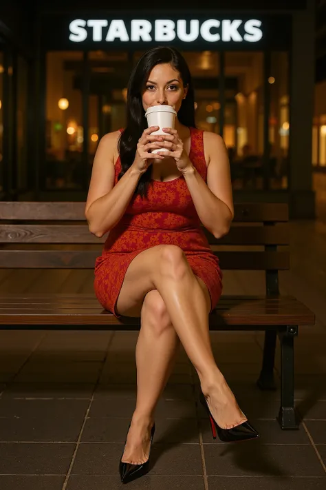 A stylish young woman sitting frontally on a wooden bench at night, directly facing the viewer, outside a warmly lit Starbucks coffee shop. The urban night setting includes softly glowing storefront lights, glass reflections, and a modern shopping area amb...