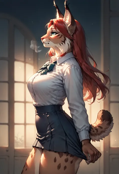 emberlynx, female anthro lynx, anime newest artstyle, long red hair, brown body, subtle abs, side view , up skirt , pull , , dim light bedroom , steamy breath , euphoria , Looking up, detailed background