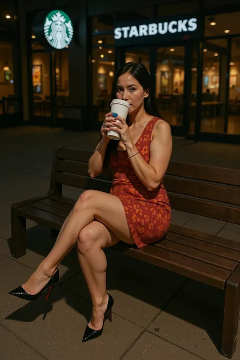 A stylish young woman sitting frontally on a wooden bench at night, directly facing the viewer, outside a warmly lit Starbucks coffee shop. The urban night setting includes softly glowing storefront lights, glass reflections, and a modern shopping area amb...