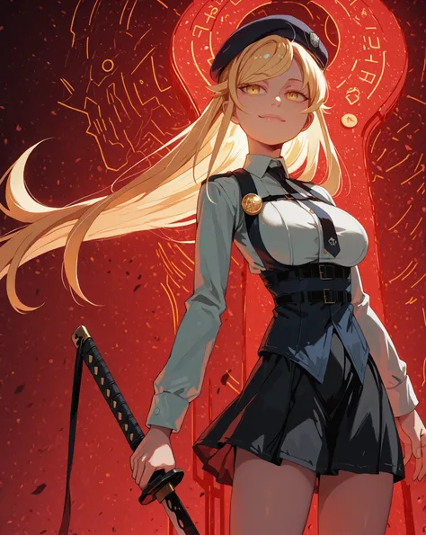  A young female character , with the same height and body type as Shinobu Oshino from Oshino Monogatari, has long blonde hair with a red ribbon on one side of her head, da personagem, just like Shinobu Oshino from the series Monogatari, and the same facial...