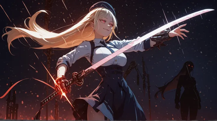A young female character with the same height and body proportions as Shinobu Oshino from the Monogatari series. She has long, flowing blonde hair adorned with a red ribbon on one side, and the same sharp facial features as Shinobu — but instead of red eye...