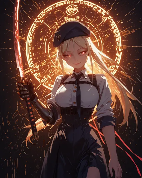 A young female character with the same height and body proportions as Shinobu Oshino from the Monogatari series. She has long, flowing blonde hair adorned with a red ribbon on one side, and the same sharp facial features as Shinobu — but instead of red eye...