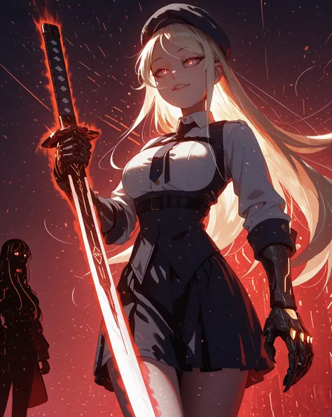 A young female character with the same height and body proportions as Shinobu Oshino from the Monogatari series. She has long, flowing blonde hair adorned with a red ribbon on one side, and the same sharp facial features as Shinobu — but instead of red eye...