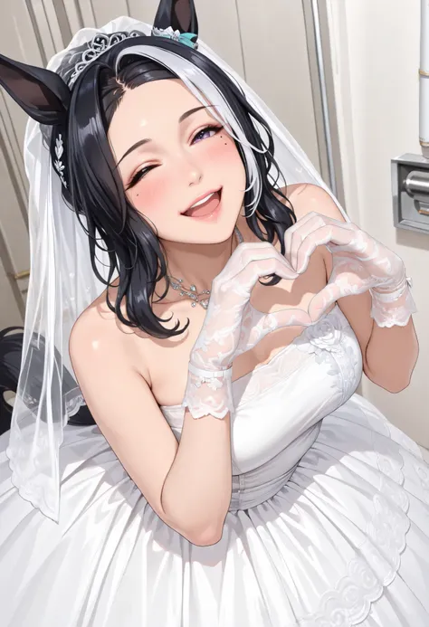 (masterpiece, best quality, perfect face:1.4), wide angle, full body, mejiro ramonu \(umamusume\), black hair, white hair, multicolored hair, ((long hair)), wavy hair, purple eyes, mole under eye, ear ornament, horse ears, horse tail, tail on the lower bac...