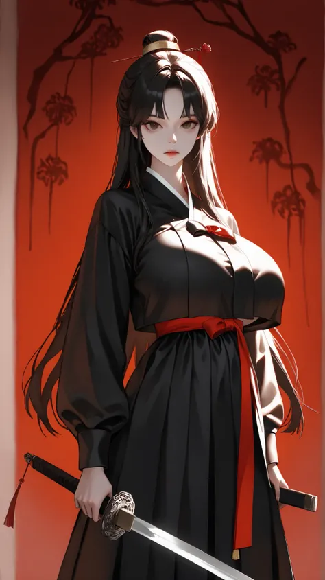 very aesthetic, 걸작, 고해상도, 8k 해상도, high contrast, (semi-realistic), newest, koreanai, RP-Illu, best_quality, finely_detailed_eyes_and_detailed_face, (1 girl), solo, long_hair, straight_hair, bun, (parted_bangs), black hanbok, holding sword, brave perspectiv...