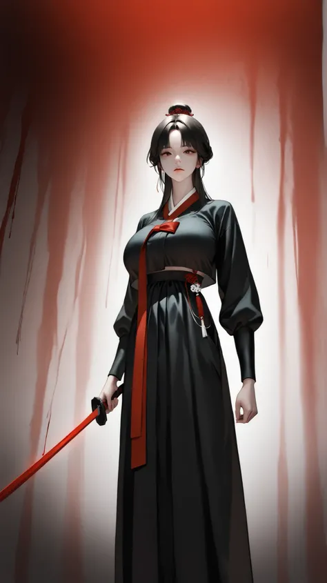very aesthetic, 걸작, 고해상도, 8k 해상도, high contrast, (semi-realistic), newest, koreanai, RP-Illu, best_quality, finely_detailed_eyes_and_detailed_face, (1 girl), solo, long_hair, straight_hair, bun, (parted_bangs), black hanbok, holding sword, brave perspectiv...