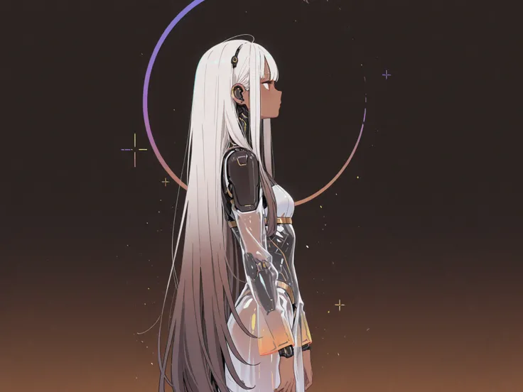 ,8k,hd,gradient translucent colors  background,1girl, dark brown skinned, solo,,android,white hair,very long hair,