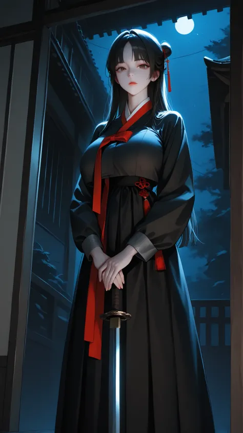 very aesthetic, 걸작, 고해상도, 8k 해상도, high contrast, (semi-realistic), newest, koreanai, RP-Illu, best_quality, finely_detailed_eyes_and_detailed_face, (1 girl), solo, long_hair, straight_hair, bun, (parted_bangs), black hanbok, both_hands_holding_sword, brave...