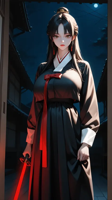 very aesthetic, 걸작, 고해상도, 8k 해상도, high contrast, (semi-realistic), newest, koreanai, RP-Illu, best_quality, finely_detailed_eyes_and_detailed_face, (1 girl), solo, long_hair, straight_hair, bun, (parted_bangs), black hanbok, both_hands_holding_sword, brave...