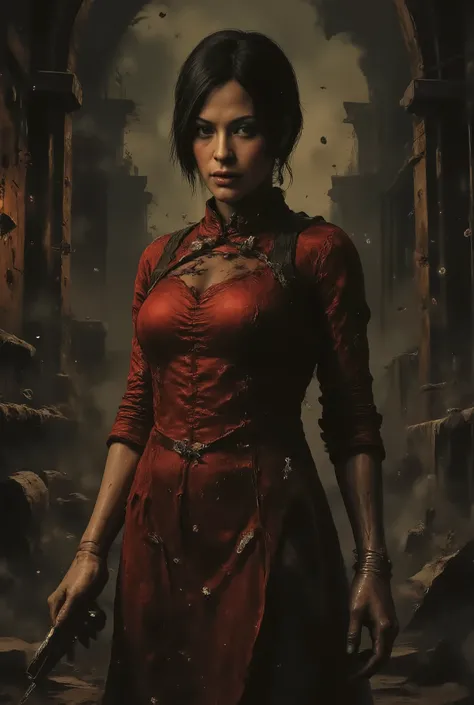 Resident Evil, Ada Wong, big breasts, perfect breasts, cleavage, perfect body, red Cheongsam, Apocalypse, dark, foggy, Zombies, survival horror, dark alley background, sexy, seductive, high detail, masterpiece.