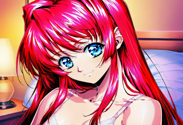 (Yokota Mamoru style),charming smile,(portrait :1.8),score_9, score_8_up, score_7_up, Source_Anime, red hair、long hair, blue eyes, Small breasts,(1990 style ), Light pink underwear with fine lace、
1 , solo, , bed, Indoor, , lamp,