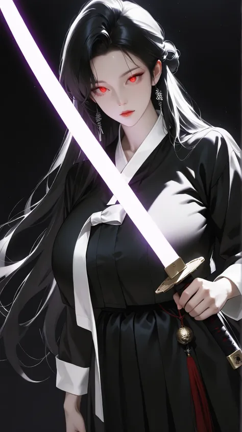 very aesthetic, 걸작, 고해상도, 8k 해상도, high contrast, (semi-realistic), newest, koreanai, RP-Illu, best_quality, finely_detailed_eyes_and_detailed_face, (1 girl), solo, long_hair, straight_hair, bun, (slicked_side:1.5), black hanbok, both_hands_holding_sword, g...