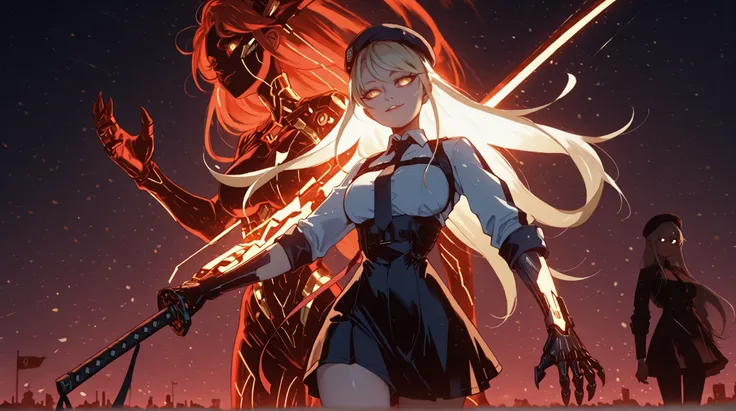 A young female character with the same height and body proportions as Shinobu Oshino from the Monogatari series. She has long, flowing blonde hair adorned with a red ribbon on one side, and the same sharp facial features as Shinobu — but instead of golden ...