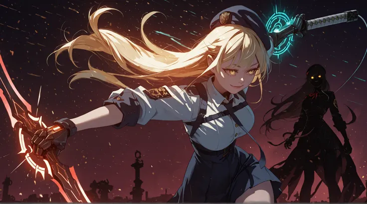 A young female character with the same height and body proportions as Shinobu Oshino from the Monogatari series. She has long, flowing blonde hair adorned with a red ribbon on one side, and the same sharp facial features as Shinobu — but instead of golden ...