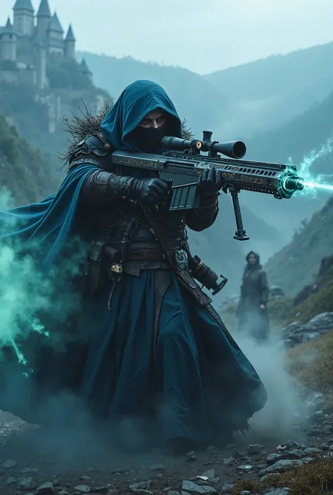 ((FULL BODY)), Sniper assassin using a large magical M110 Semi-Automatic Sniper System gun and aiming with magic circles towards his target on the right, in medieval world.