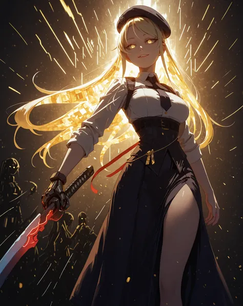A young female character with the same height and body proportions as Shinobu Oshino from the Monogatari series. She has long, flowing blonde hair adorned with a red ribbon on one side, and the same sharp facial features as Shinobu — but instead of golden ...