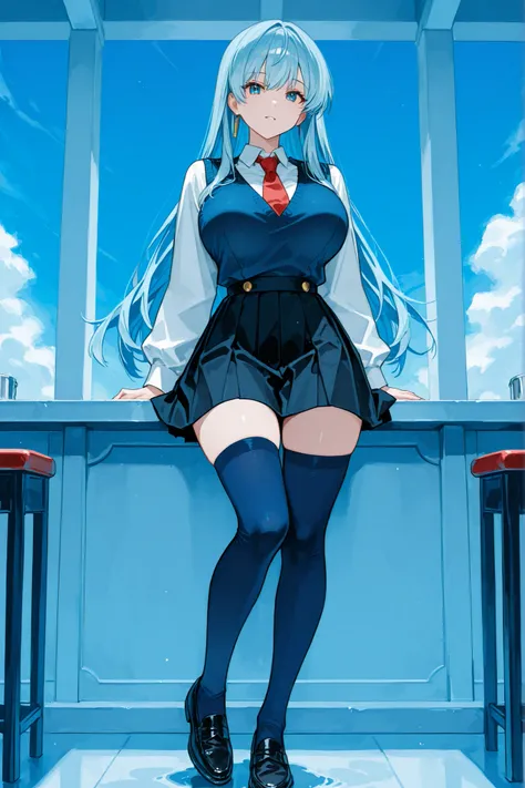 obra maestra. Better qualityA cheerful young anime girl with fair skin, well marked big breasts, for long hair relief up to the waist a short school skirt to the thighs in navy blue with tables, a white school shirt with long sleeves, red tie and above it ...