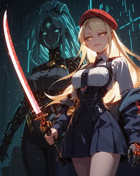 A young female character with the same height and body proportions as Shinobu Oshino from the Monogatari series. She has long, flowing blonde hair adorned with a red ribbon on one side, and the same sharp facial features as Shinobu — but instead of golden ...