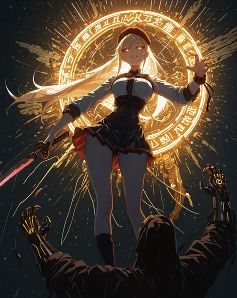 A young female character with the same height and body proportions as Shinobu Oshino from the Monogatari series. She has long, flowing blonde hair adorned with a red ribbon on one side, and the same sharp facial features as Shinobu — but instead of golden ...