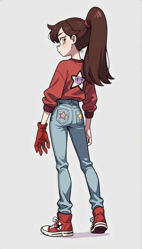 (Star Vs The Forces of Evil Style), 1Girl, Standing, full body photo:1.5, simple light gray background, brown complexion, yellow eyes, red sweatshirt, straight denim jeans, Red and white sneakers, brown hair, long hair, high back ponytail, eye-colored righ...