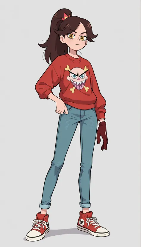 (Star Vs The Forces of Evil Style), 1Girl, Fem Marco Díaz, Gender Bender, Standing, full body photo:1.5, simple light gray background, brown complexion, yellow eyes, red sweatshirt, straight denim jeans, Red and white sneakers, brown hair, long hair, high ...