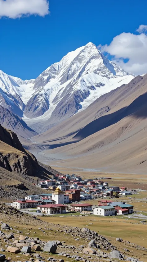 High-definition video、 Tibet、spectacular views of Zanskar、小さなthe town of Padam in the center of the basin（A basin where temples and residences）a mountain that cannot be stepped on by humans from a hill{x}々overwhelming majesty、7,a huge mountain over 000 meters々can be seen
