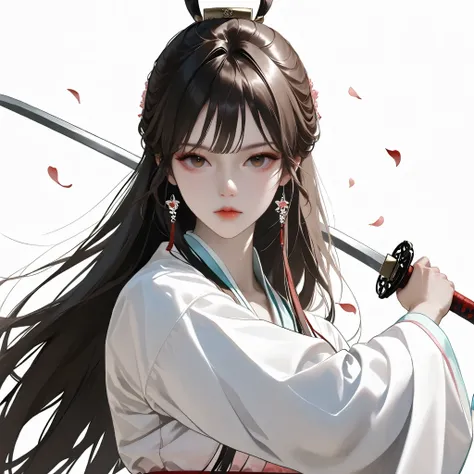 very aesthetic, 걸작, 고해상도, 8k 해상도, high contrast, (semi-realistic), newest, koreanai, best_quality, finely_detailed_eyes_and_detailed_face, (1 girl), solo, long_hair, straight_hair, bun, (slicked_side:1.2), white hanfu, holding_sword, fighting_stance, mart...